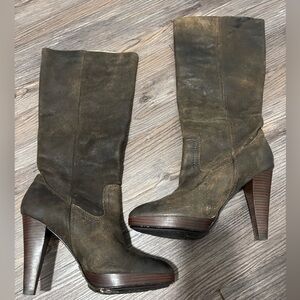 Frye Harlow Campus Knee High Heel Suede Leather Dark Brown Tall Boots Size 9.5